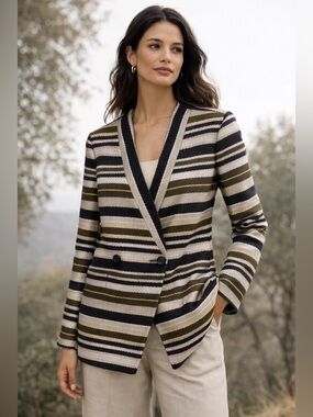 Jenni Kayne Black, White & Tan Striped Knit Blazer size S